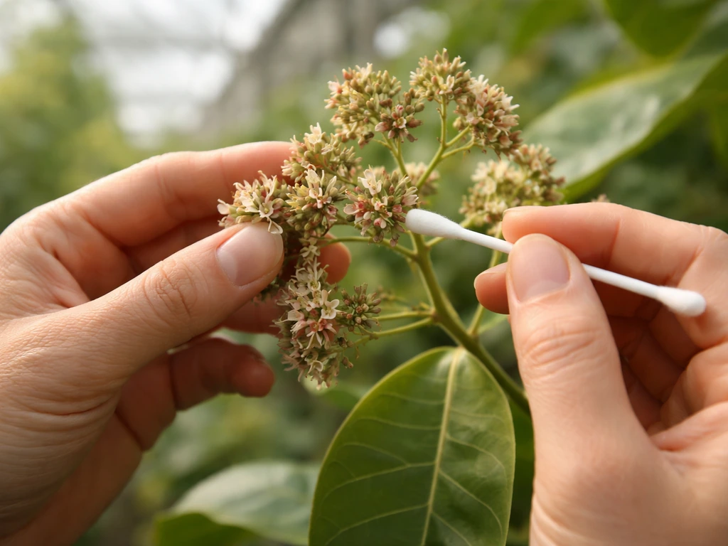 Close-up of a gardener hand-pollinating cashew flowers with a cotton swab in a greenhouse