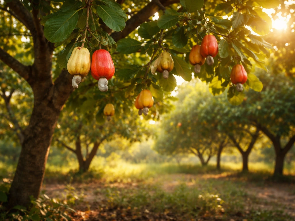 Sunlit cashew tree in a tropical orchard with cashew apples on branches