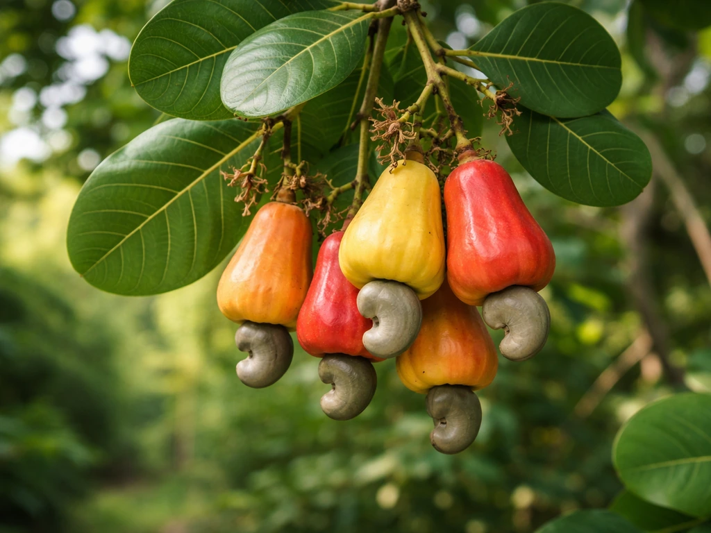 Close-up of a cashew tree branch with cashew apples and attached cashew nuts