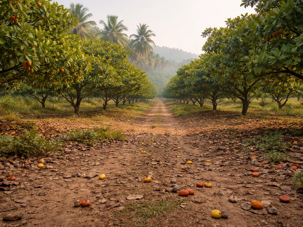 Tropical cashew plantation with rows of cashew trees in India, suggesting Goa and Kerala.