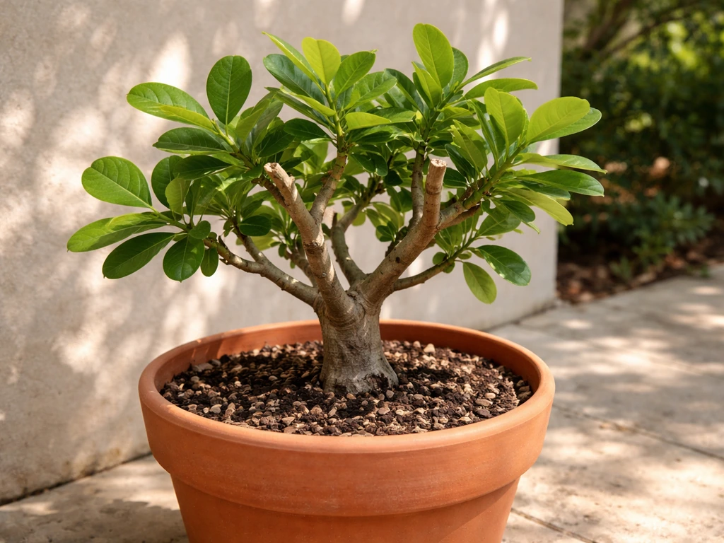 Pruned cashew tree in a large terracotta pot with well-draining mix in sunny outdoor light.