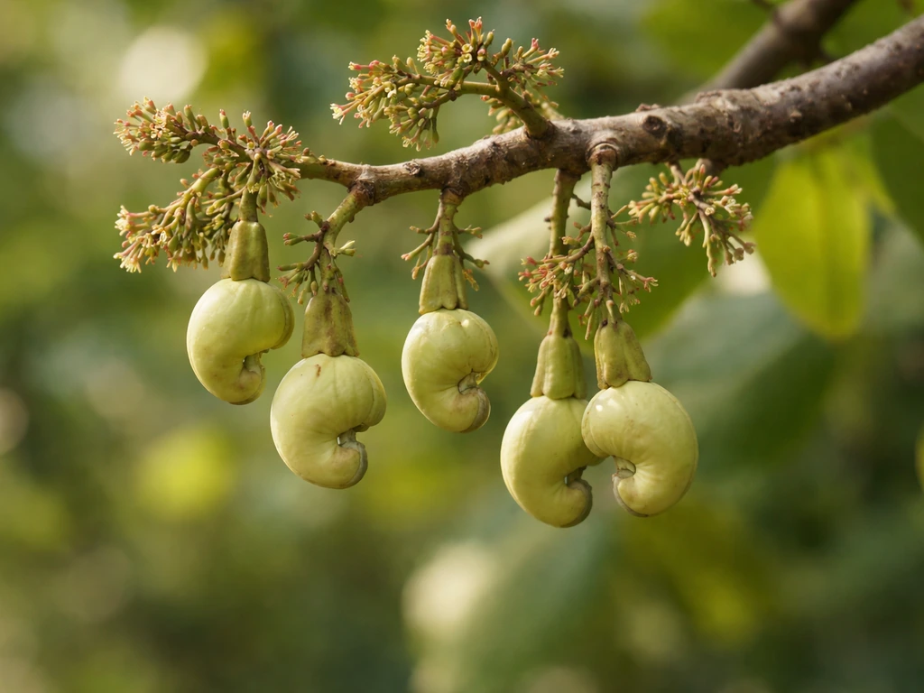 Cashew tree branch with small developing cashew apples and nearby cashew flowers in natural light