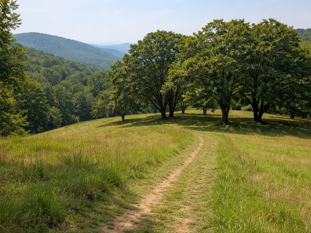 Chestnut-friendly Georgia hillside with mature chestnut-like trees in the background under natural daylight.