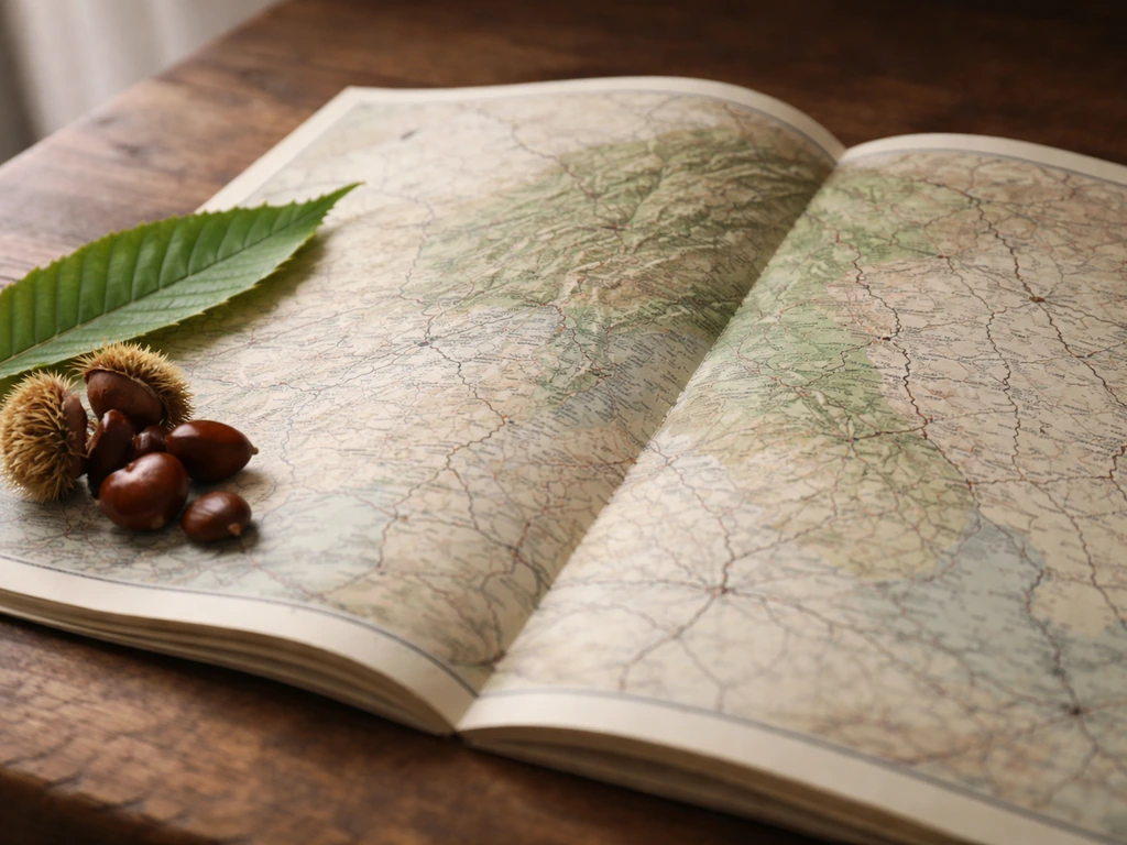 Open map of Georgia with subtle shading over mountain and Piedmont area, with chestnut leaves nearby