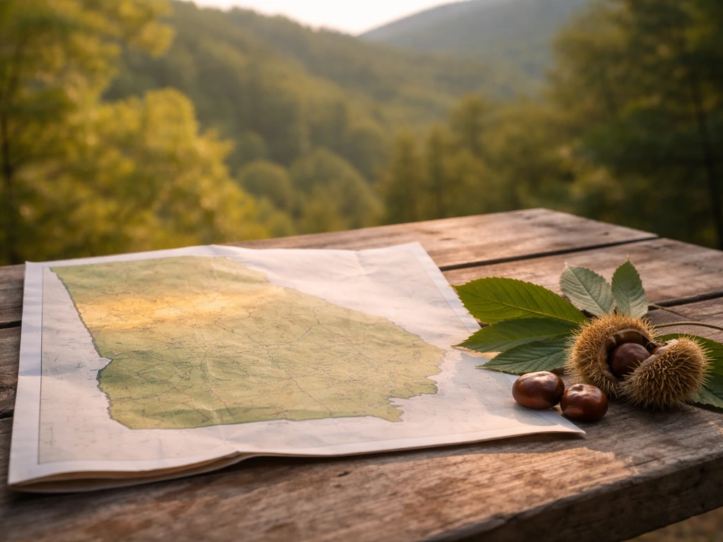 Minimal map-like scene: shaded band across northern Georgia with trees and chestnut foliage in natural light.