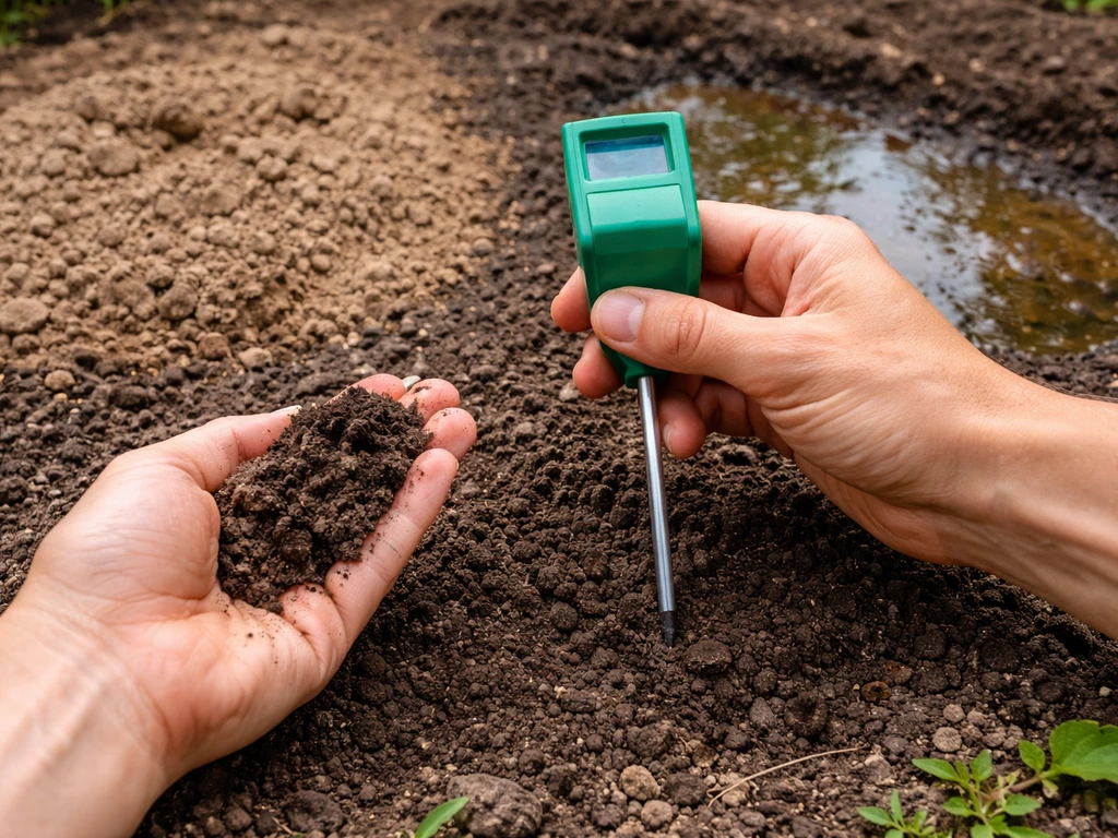Gardener’s hands testing soil pH with a kit, beside dry soil and a damp waterlogged patch.