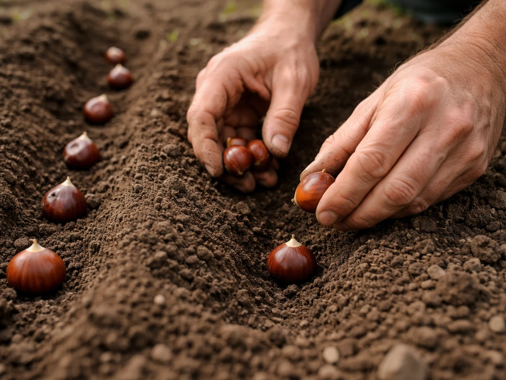 Hands placing fresh chestnuts shallow in prepared soil bed, about one inch deep.
