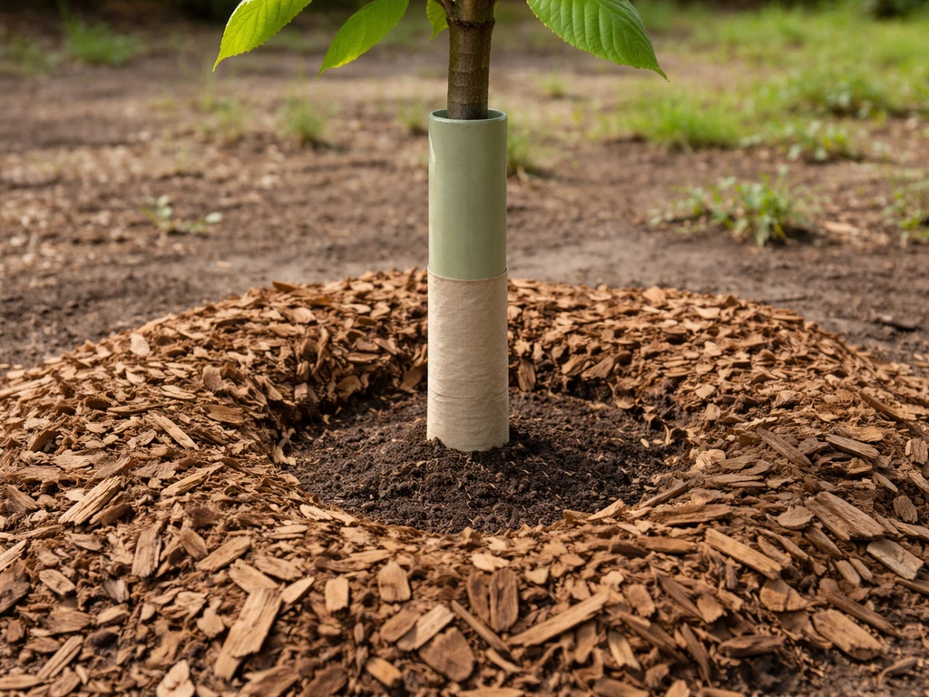 Young chestnut tree with trunk wrap/guard and mulch kept away from the trunk to prevent damage.