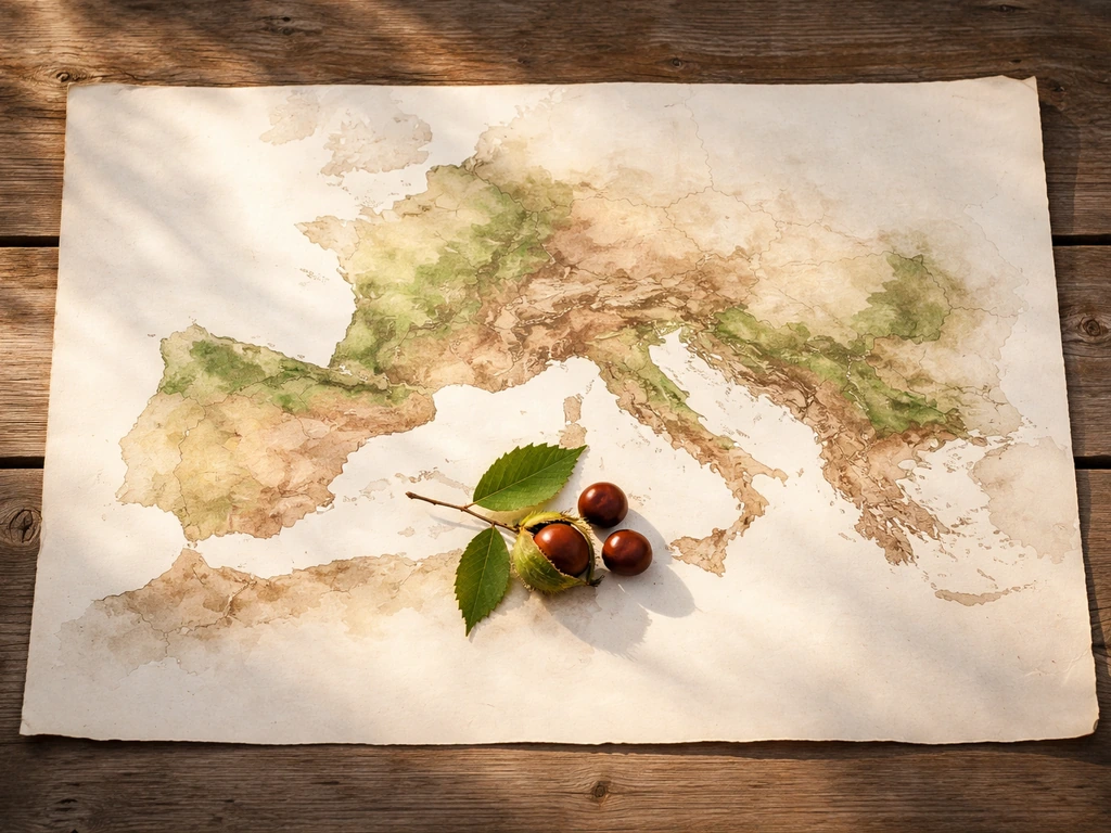 Overhead view of a blank Europe map with shaded range tones and a few chestnuts on a wooden table.