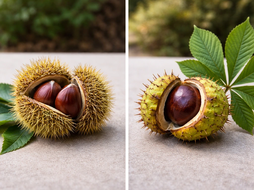 Two chestnut types side-by-side: sweet chestnut nuts and spiky husk vs horse chestnut husk with leaves