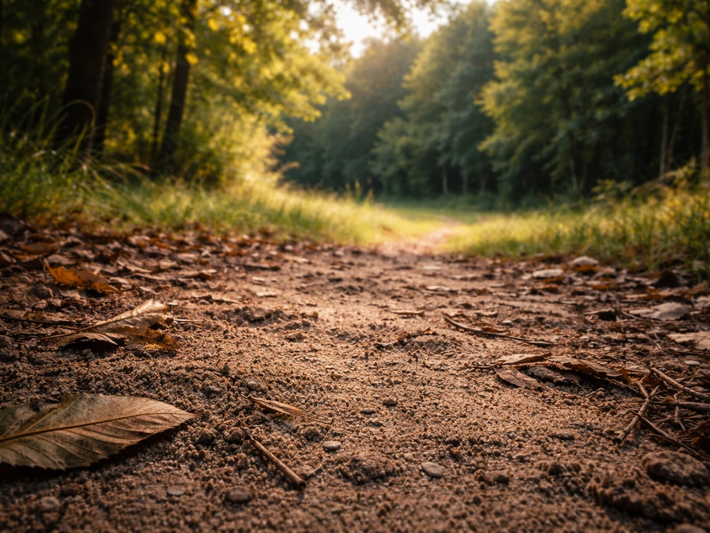 Close-up of sunlit, well-drained soil and chestnut leaves at a mixed woodland edge habitat.