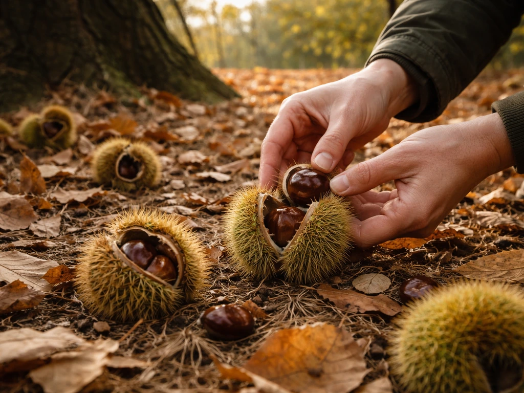 Person picking sweet chestnuts from a spiky husk on the ground under a chestnut tree.