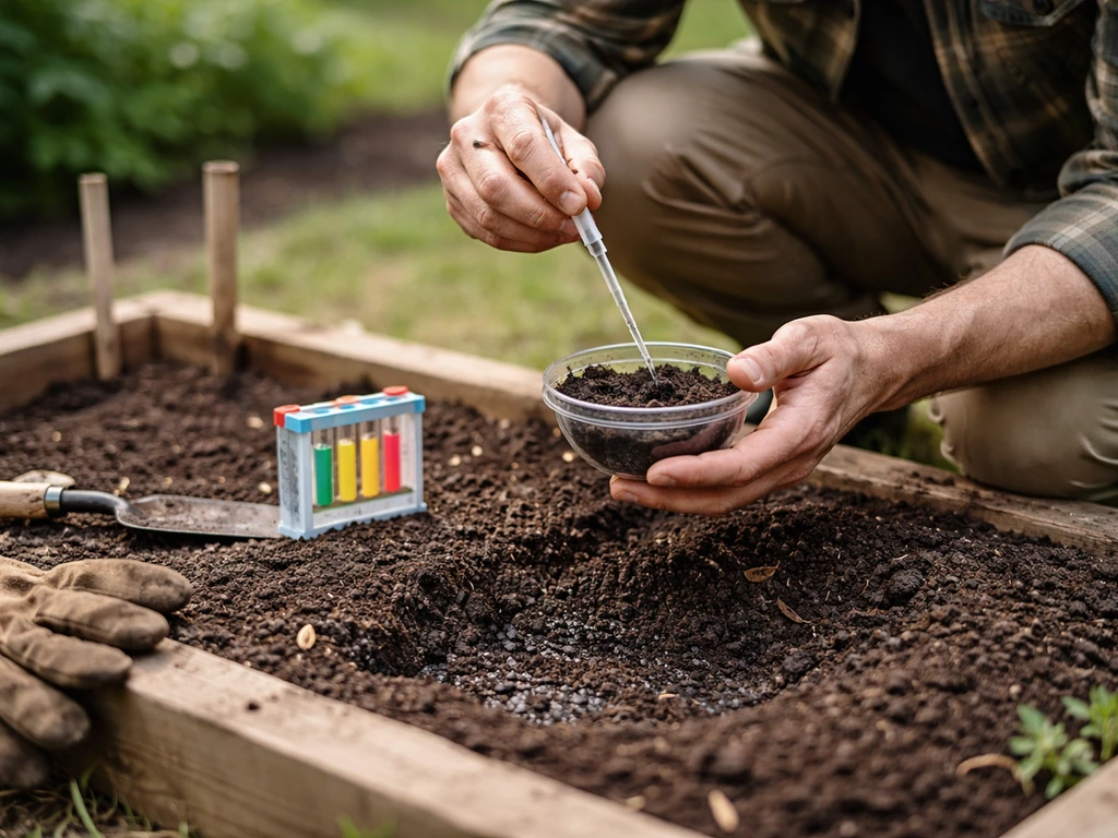 Gardener kneeling by garden bed, using a soil pH test kit and checking drainage with a small soil bowl.