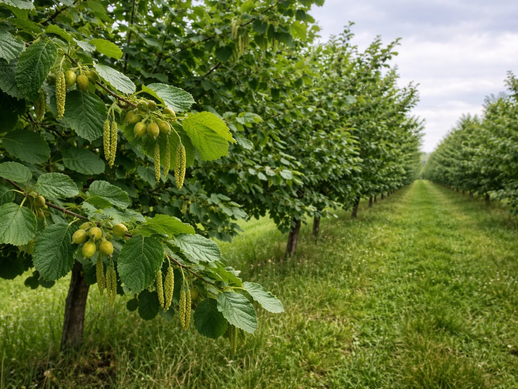 Ontario hazelnut orchard with healthy trees showing catkins and developing nuts on branches.