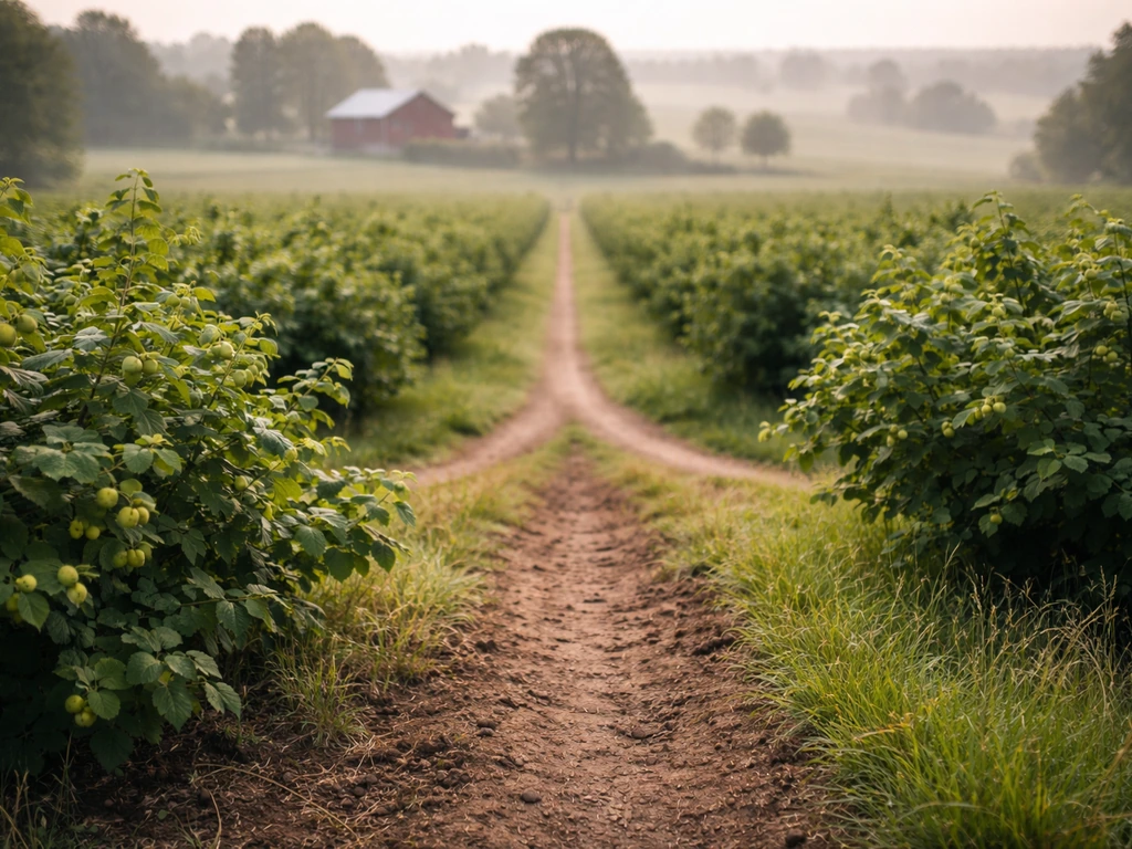 Ontario hazelnut orchard with hazelnut bushes and subtle split paths suggesting concentrated regions.