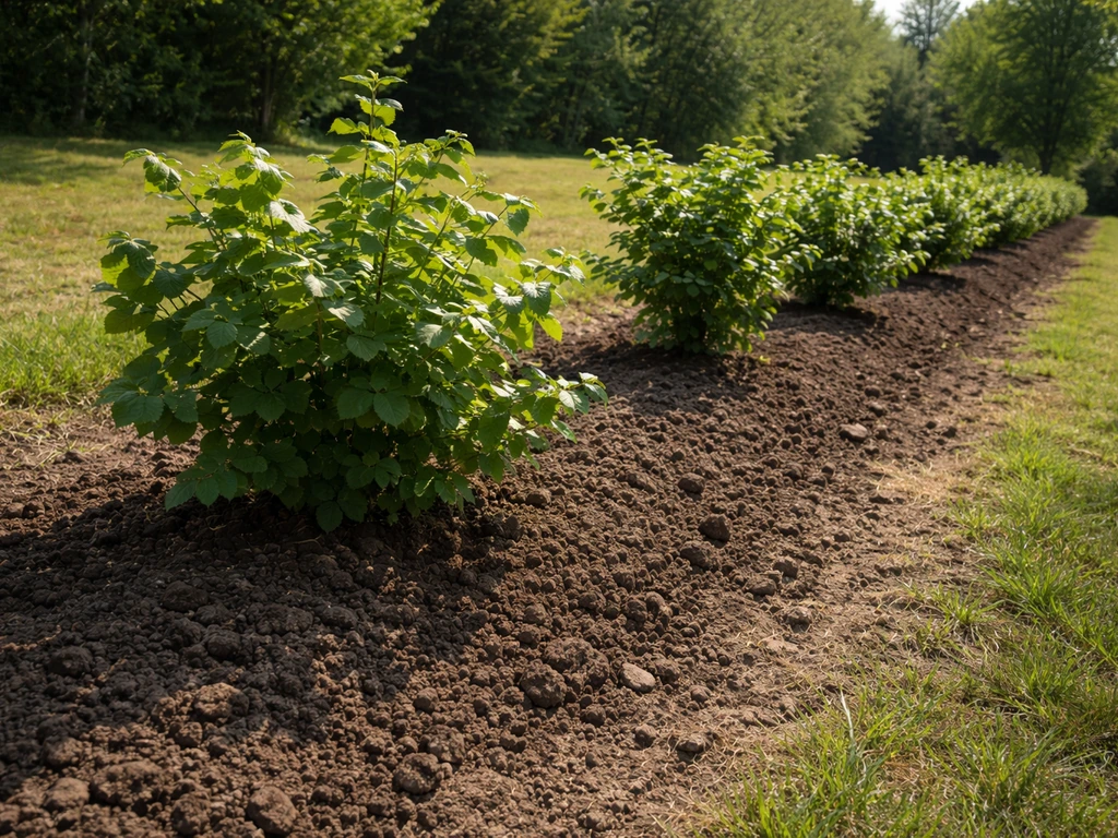 Sunlit orchard planting row with fertile, well-drained loamy soil under clear sky.
