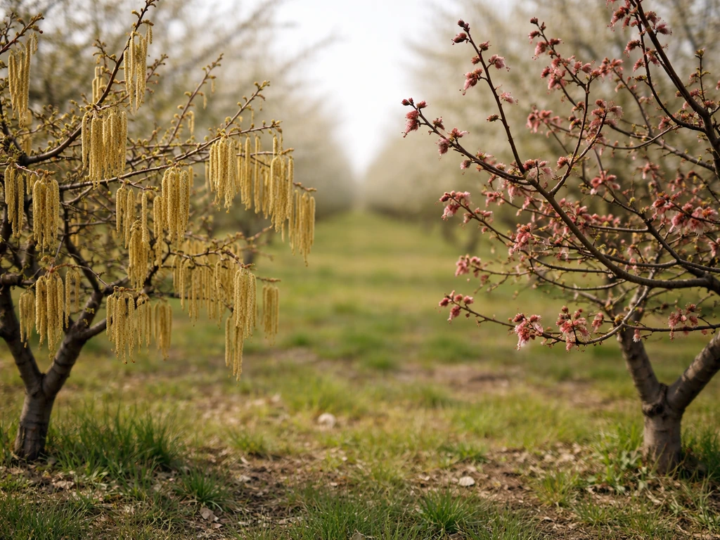 Two hazelnut trees with catkins and flowering branches in an orchard, suggesting wind cross-pollination.