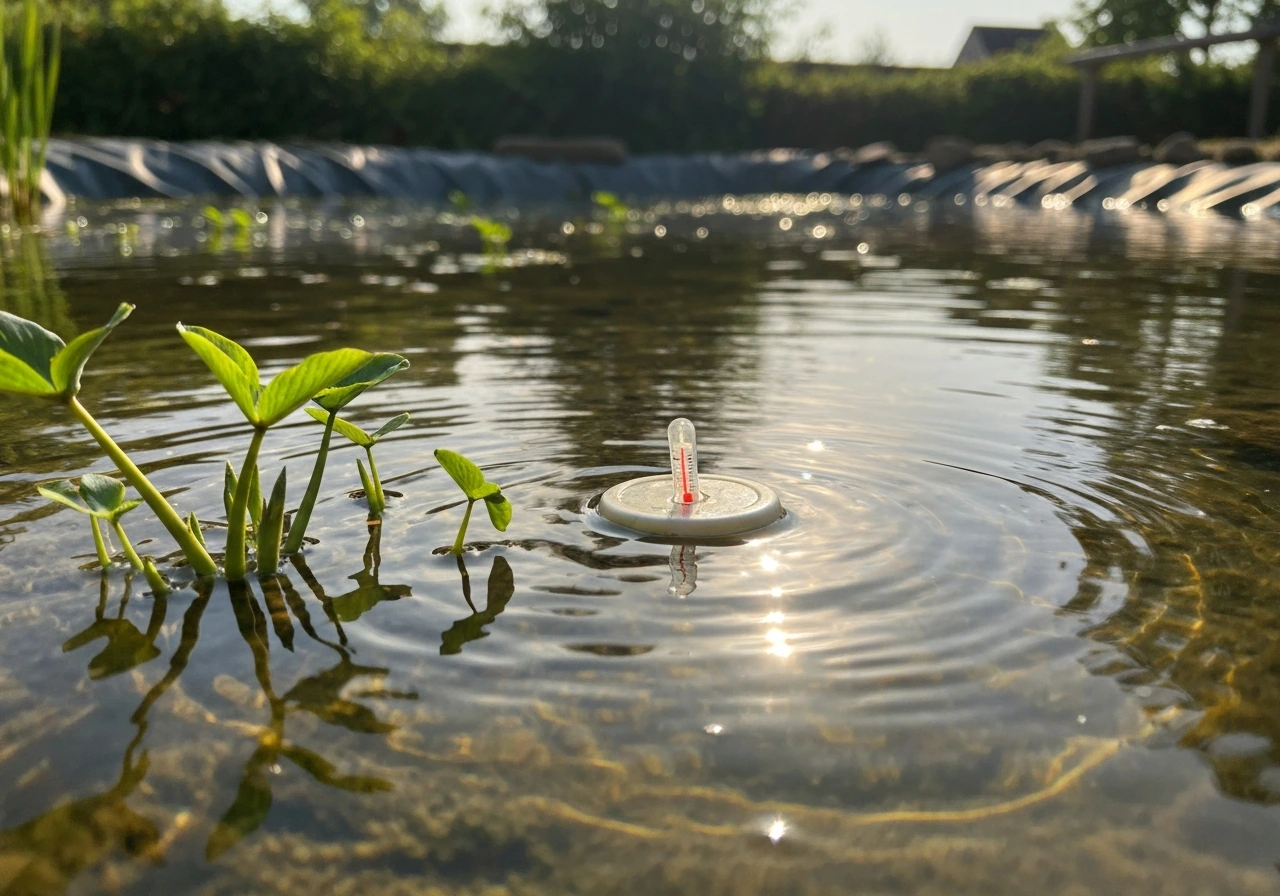Sunlit shallow pond with emerging water-chestnut leaves and a floating thermometer near the surface