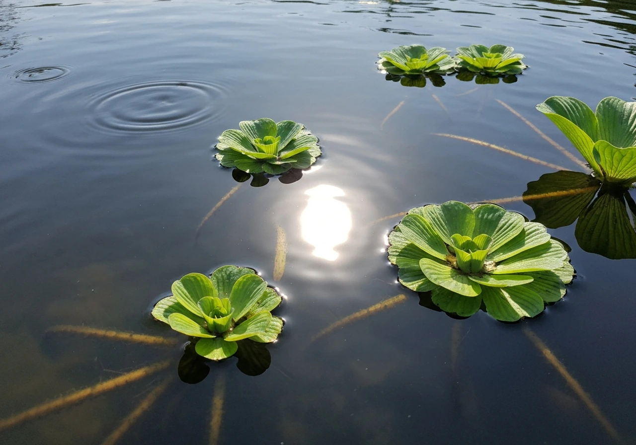 Sunlit water chestnut rosettes near the water surface with ripples and soft reflections
