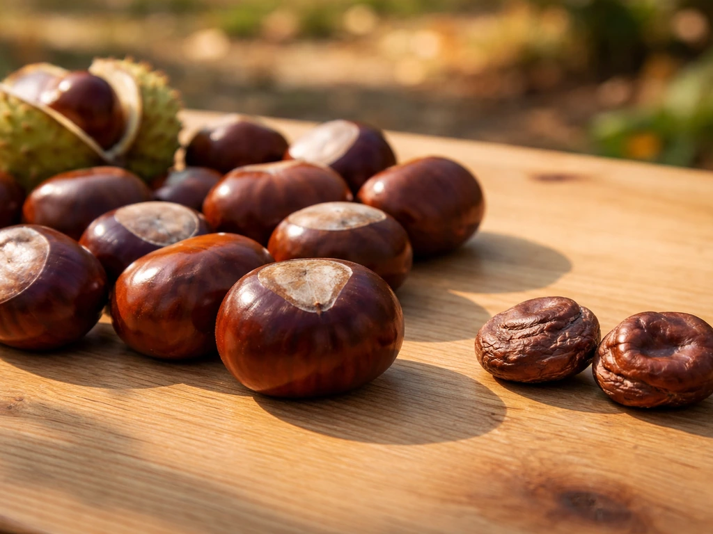 Fresh horse chestnuts on wood, with a few shriveled conkers set aside to show which may germinate.