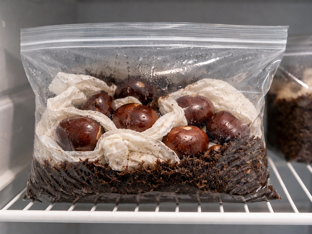 Soaked conkers in damp medium inside a sealed bag in a refrigerator with visible condensation.