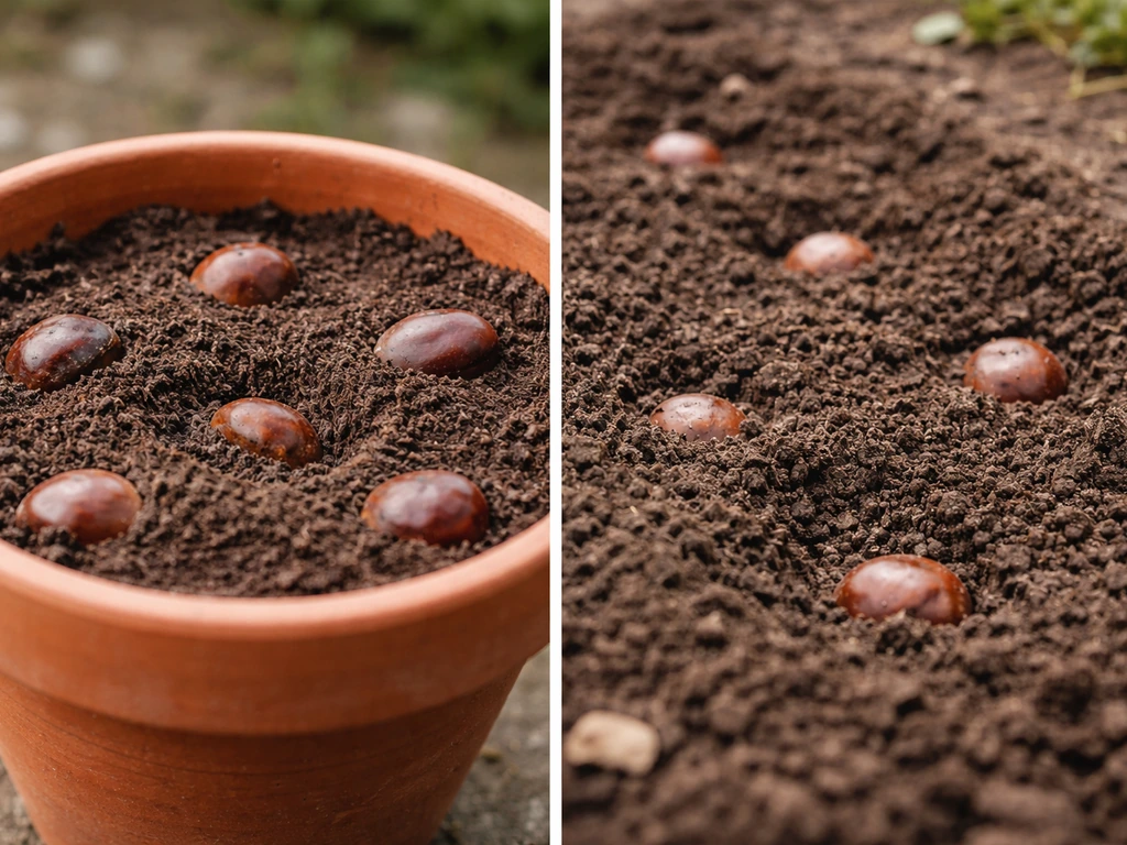 Split view of conkers planted in a pot and conkers covered in an outdoor bed soil.
