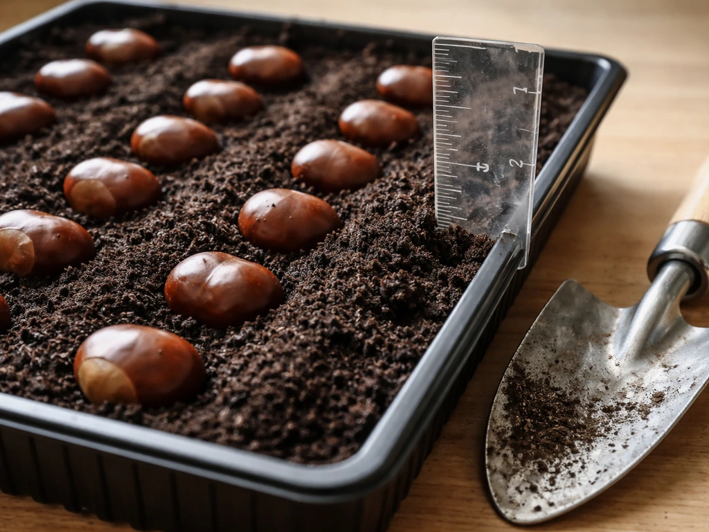 Close-up of conkers planted in spaced rows with soil cover depth marked by a nearby ruler.