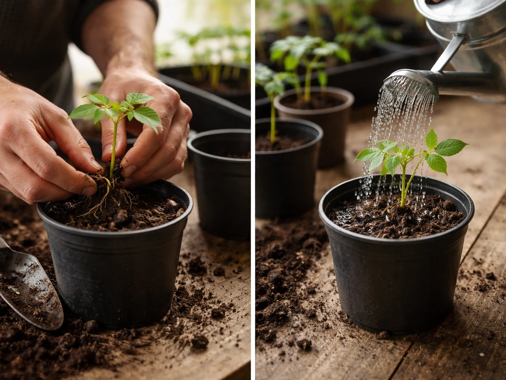Gardener hands potting young horse chestnut seedlings with roots visible, then gently watering in larger pots.