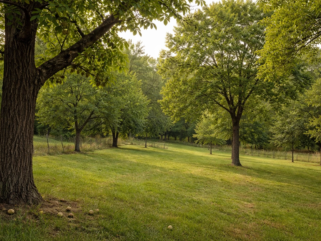 Missouri orchard with black walnut and pecan trees, showing developing nuts and green seasonal foliage