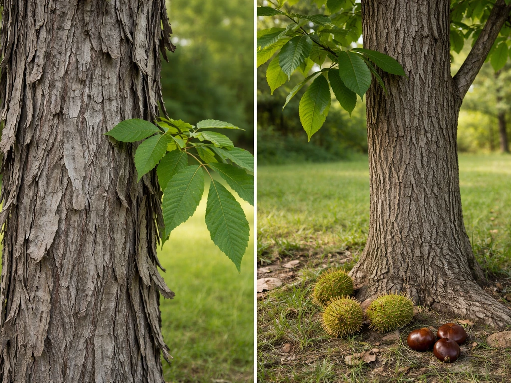 Split view of native shagbark hickory and introduced Chinese chestnut with clear bark, leaves, and nuts.