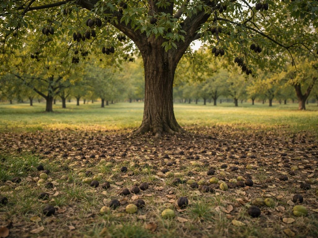 Mature black walnut tree in an orchard with nuts scattered on the ground