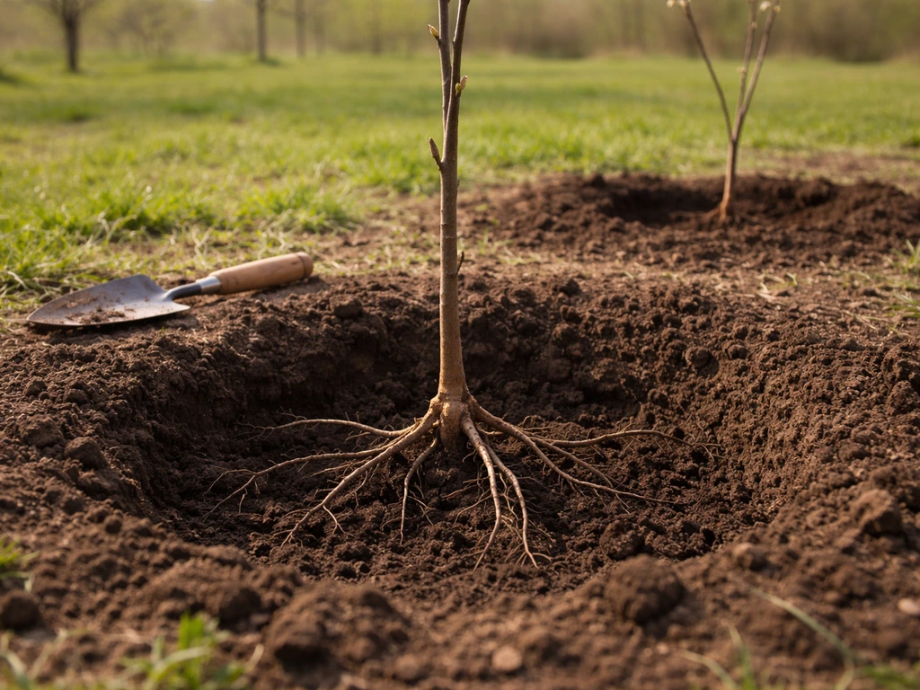 Bare-root nut tree sapling planted in a prepared hole, with another sapling nearby in an orchard row.