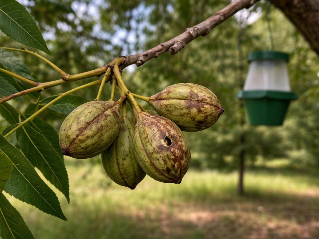 Close-up of a pecan branch with a nut cluster showing early pest damage and a small monitoring trap.