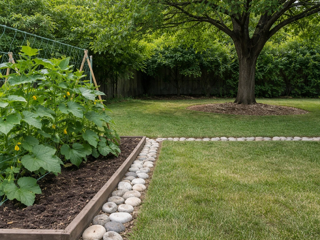 Cucumber vines in one garden bed and a black walnut tree across a visible barrier and planting distance