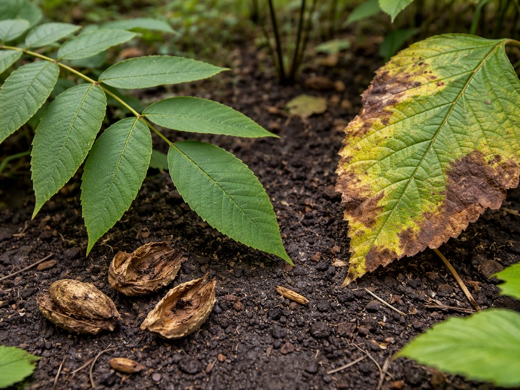 Close-up of black walnut foliage with nearby plant leaves showing yellowing and browning stress
