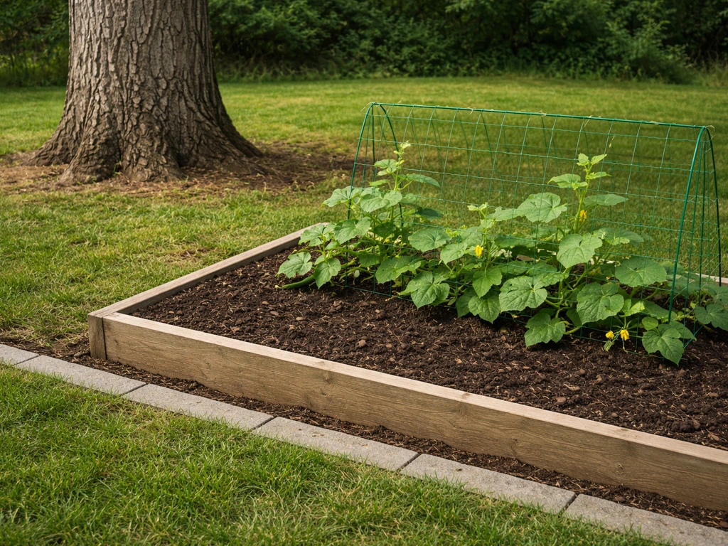 Raised cucumber bed with clean soil separated from a walnut trunk, with a simple edging barrier nearby.