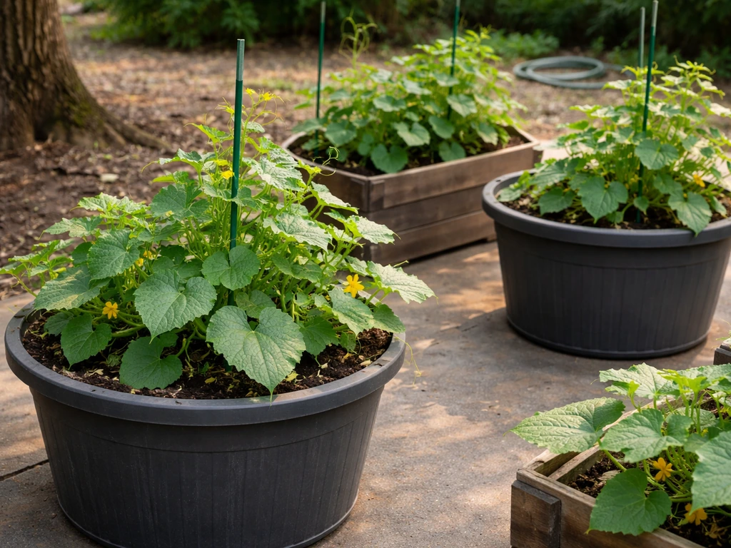 Cucumber vines growing in large containers on a patio, positioned away from a nearby tree’s roots.