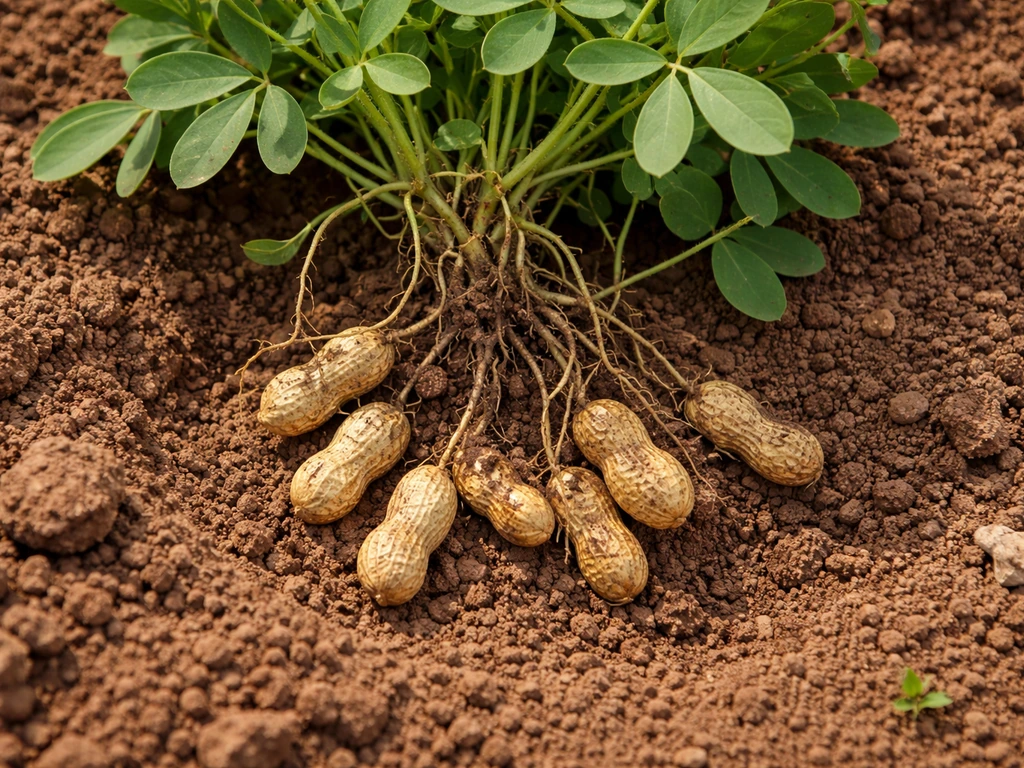 Close view of a peanut plant in soil with nearby dug-up in-shell pods showing underground growth.