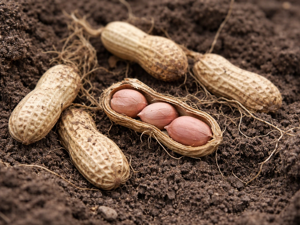 Fresh peanut pods with in-shell peanuts on soil, showing plant shells and nut kernels.