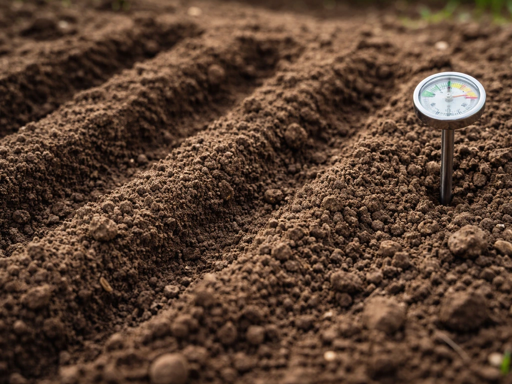 Close-up of loose, workable peanut bed soil texture with a soil thermometer resting nearby