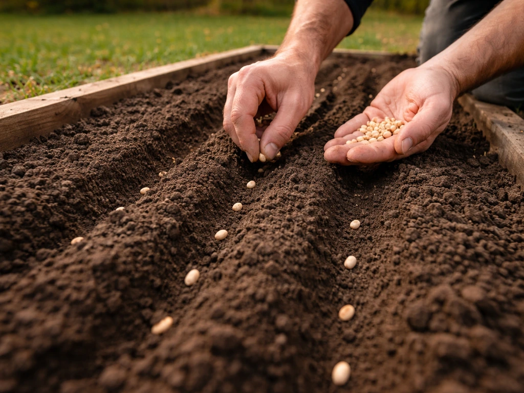 Hands placing peanut seeds in shallow furrows on a freshly prepared backyard garden bed.