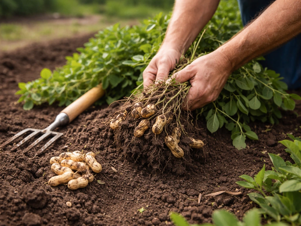 Gardener digging up peanut plants, with monkey nuts pods exposed on soil for curing.