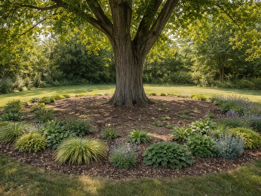 Walnut tree with a contrast between healthy plants in a safe ring and bare soil near the trunk.