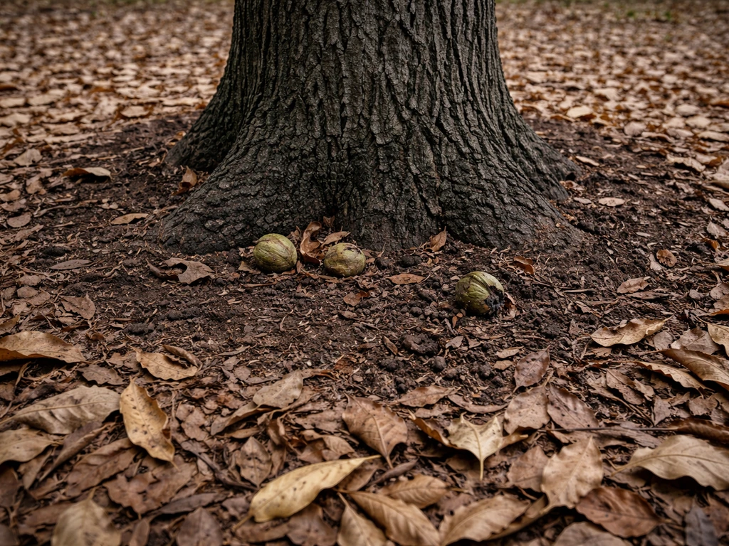 Close-up of black walnut trunk base with dark leaf litter and greenish hulls on soil, suggesting juglone allelopathy.