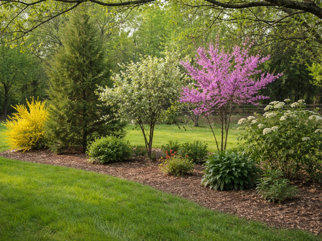 Minimal yard border with eastern red cedar, redbud, and shrubs planted under walnut shade.