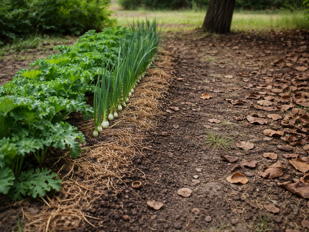 Backyard vegetable bed with healthy garlic/onion-like plants near a walnut tree and walnut-leaf litter by the edge