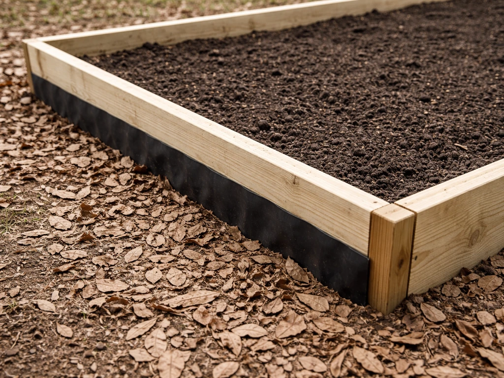 Raised bed with visible root barrier liner and clean separation from walnut leaf debris
