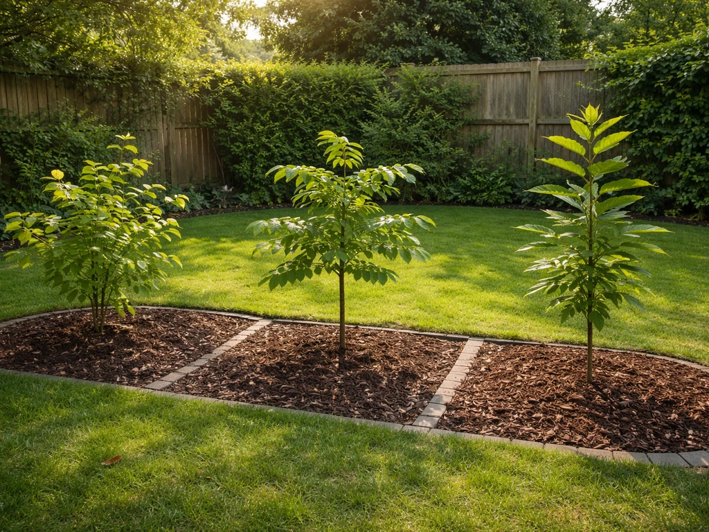 Sunlit UK garden with three areas showing hazel, walnut, and sweet chestnut saplings ready for planting.