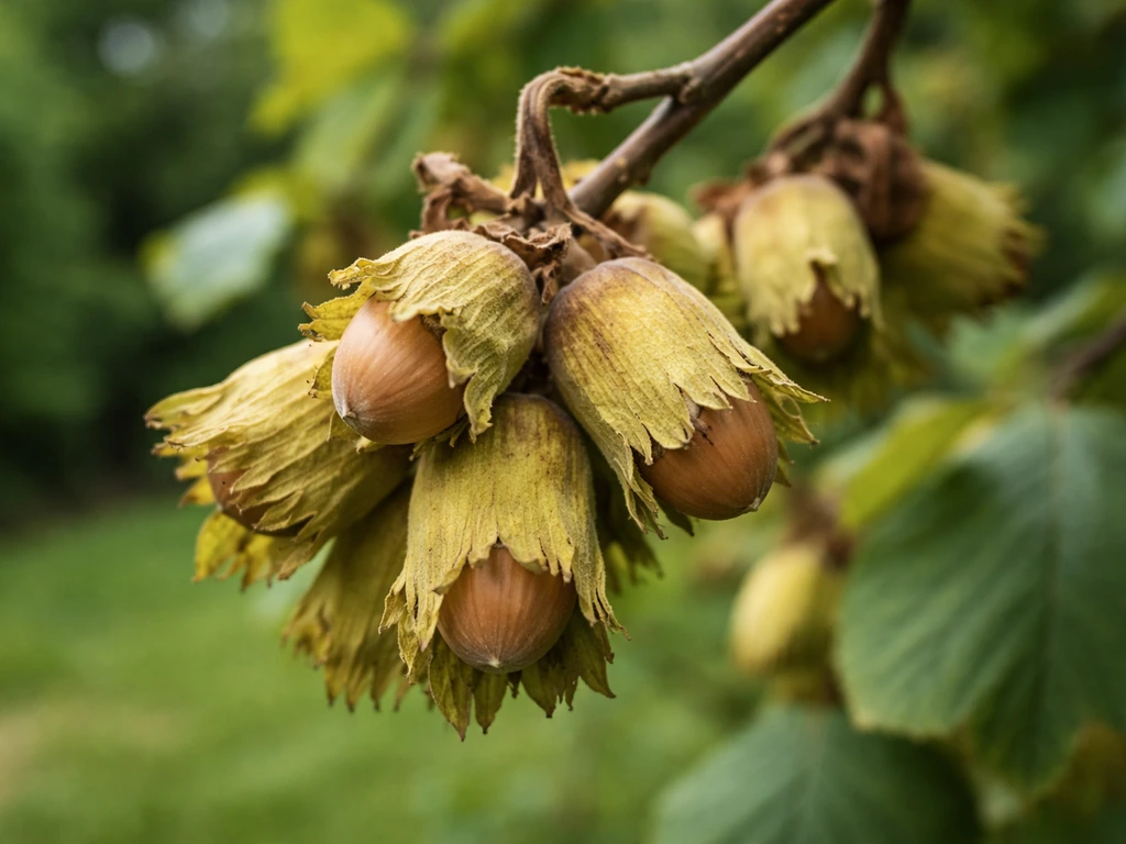 Fresh hazelnuts on a branch with yellowing husks and some nuts beginning to drop