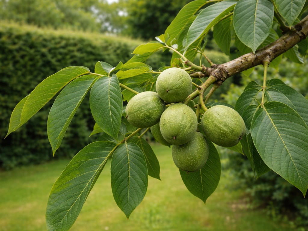 English walnut tree branch with green leaves and developing nuts in a UK garden